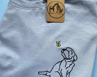 Border Terrier Outline T-Shirt - Gifts for terrier dog owners and lovers. Unisex Embroidered terrier sniffing a bumblebee or butterfly. Dogs