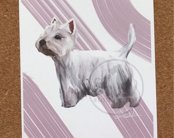 West Highland White Terrier fine art print| A5 hand drawn colourful westie terrier print -great gift for dog lovers and owners. Eco friendly