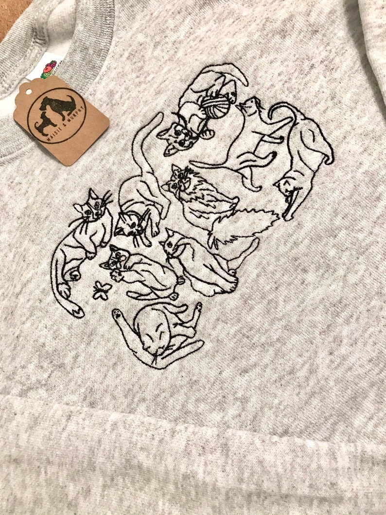 Embroidered Cats Sweatshirt The perfect gift for cat lovers & owners. Cat line drawing embroidered onto a crew neck jumper. Quirky cat image 7