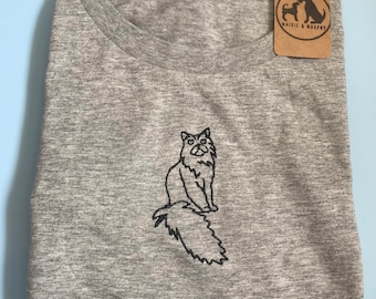 Fluffy Cat Organic T-shirt- Gifts for Persian/ rag doll lovers and owners.Cat embroidered tee is the perfect gift for cat obsessed people!
