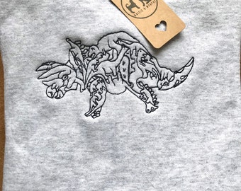 Embroidered Triceratops Dinosaur Sweatshirt - Monochrome Triceratops line drawing on crew neck sweatshirt. The perfect gift for dino lovers