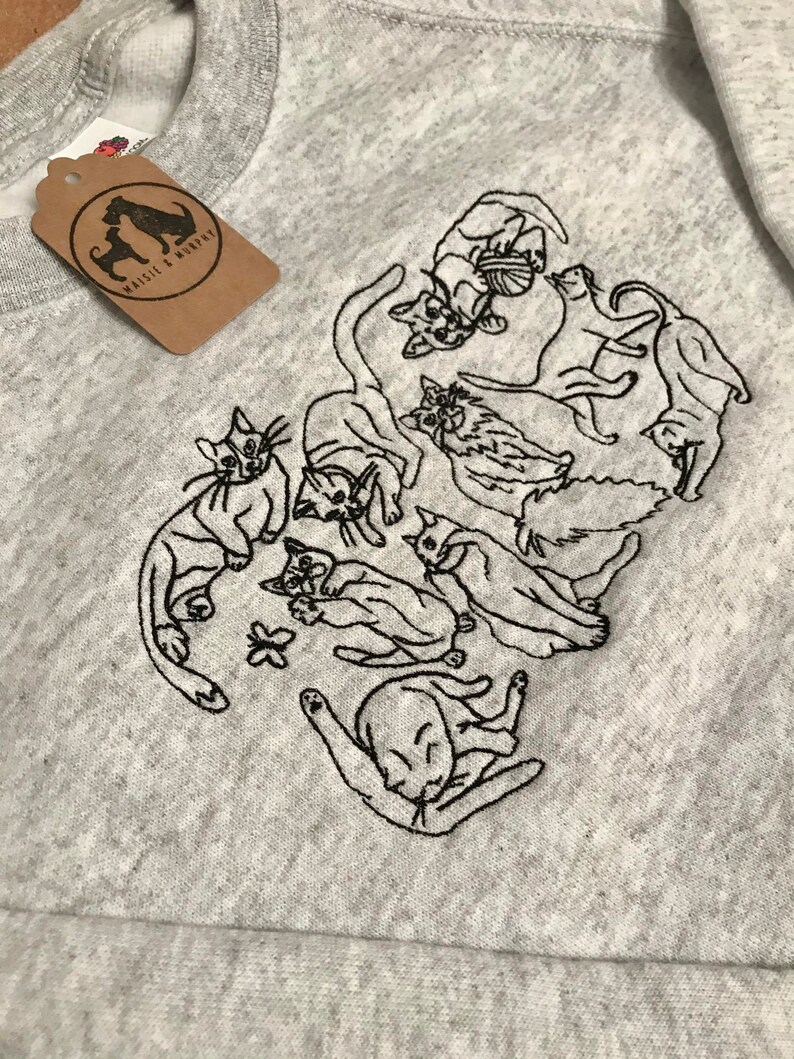 Embroidered Cats Sweatshirt The perfect gift for cat lovers & owners. Cat line drawing embroidered onto a crew neck jumper. Quirky cat image 9