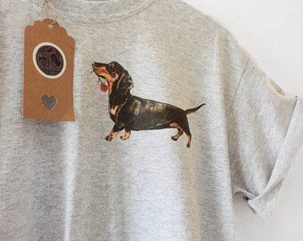 Dachshund rose t-shirt, cute dog tshirt, floral print, sausage dog top, gifts for her, quirky sausage dog print, sausage dog gift, dog owner
