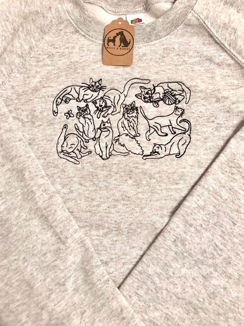 Embroidered Cats Sweatshirt The perfect gift for cat lovers & owners. Cat line drawing embroidered onto a crew neck jumper. Quirky cat image 10