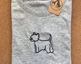 Embroidered Westie T-Shirt - West Highland Terrier lover gifts. Unisex breed silhouette line drawing embroidered tee for dog lovers. Dogs