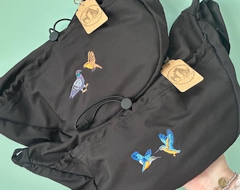 Cute Bird Cross Body Bag. perfect for spring summer walks. Recycled polyester bag. Puffin, chicken, pigeon, Robin, duck, goose, swan, garden