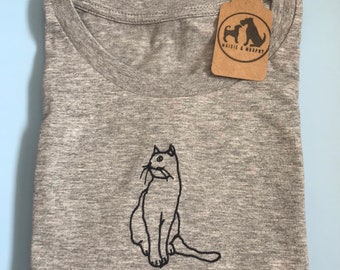 Cat Organic T-shirt- Gifts for cat lovers and owners.Cat embroidered tee is the perfect gift for cat obsessed people! Unisex embroidered cat