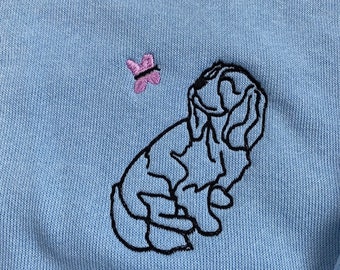 Spring Cavalier Spaniel Outline T-shirt  - Gifts for cavailer King Charles spaniel owners and lovers. Unisex Embroidered spaniel sniffing