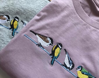 British Garden Birds T-shirt -Great, Blue, coal & marsh tit organic tee. Colourful gifts for gardeners, nature/wildlife lovers, bird watcher