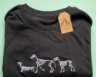 Embroidered dog skeleton design on a organic cotton t-shirt - For dog lovers and spooky witches who are ready for spooky season. Halloween