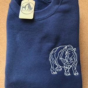 Rhino embroidered jumper, rhinoceros sweatshirt, colourful rhino sweater, monochrome rhino print, rhinoceros gifts, northern white rhino image 1