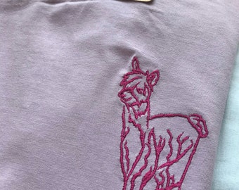 Colourful Alpaca T-shirt- Gifts for alpaca / llama lovers & owners. Cute embroidered pink alpaca tee for animal lovers. Unisex organic top