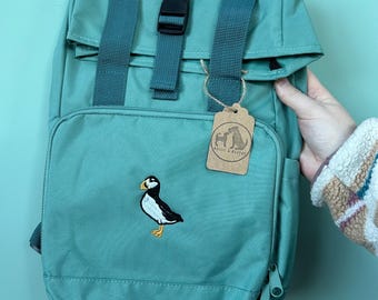 Bird embroidered backpack for bird lovers. Colourful bird embroidery recycled rucksack.