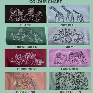 May include: Color chart showing different embroidery colors on a variety of fabric swatches. The colors include black, sky blue, forest green, grey, burgundy, lavender, dusty pink, and dusty green. Each swatch features a different embroidered design of dogs or giraffes.