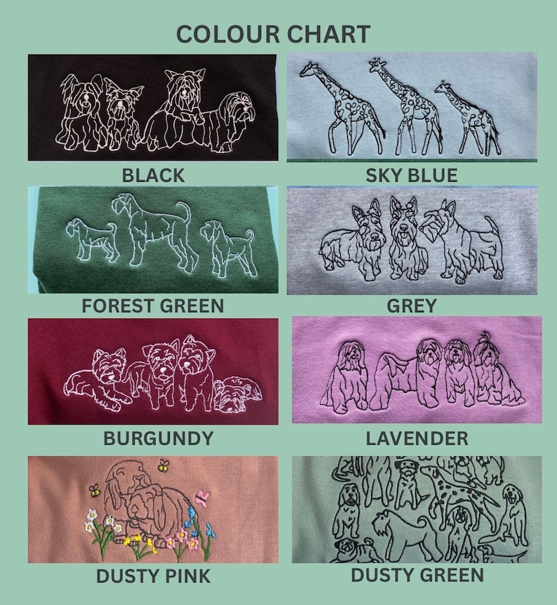 May include: Color chart showing different embroidery colors on a variety of fabric swatches. The colors include black, sky blue, forest green, grey, burgundy, lavender, dusty pink, and dusty green. Each swatch features a different embroidered design of dogs or giraffes.