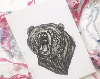 Grizzly bear art print- perfect gift for animal lovers. A5 recycled card, monochrome print is great for environmentally conscious/ friendly