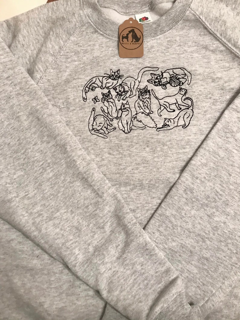 Embroidered Cats Sweatshirt The perfect gift for cat lovers & owners. Cat line drawing embroidered onto a crew neck jumper. Quirky cat image 8