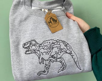 Embroidered T-Rex Sweatshirt – Monochrome Dinosaur Line Art