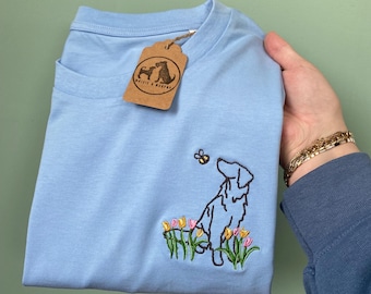Dogs Tulips T-Shirt- Outline Style - Various Breeds-  Embroidered organic tee for dog lovers. Birthday gifts for dog owners, dog mum gift.