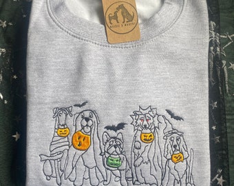 Tricks for Treats - Embroidered dog costume pumpkin design on a sweatshirt - For dog lovers and spooky witches. Spooky season