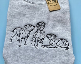 Embroidered Staffy Sweatshirt- Perfect gift for Staffordshire Bull Terrier owners & lovers. Dog monochrome Line Drawing sweater. Staffie dog