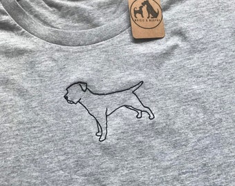 Embroidered Border Terrier T-Shirt - Gifts for terrier owners and lovers. Unisex breed silhouette line drawing embroidered tee for dog lover