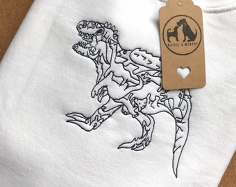 Embroidered T-Rex Dinosaur Sweatshirt - Monochrome T-Rex line drawing on crew neck sweatshirt. The perfect gift for and Dino lovers