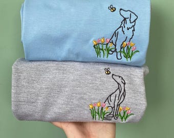 Tulips Dog Sweatshirt - Outline Style - Embroidered sweater for dog lovers. Spring dogs embroidered jumper for dog owners, dog mums. Flowers