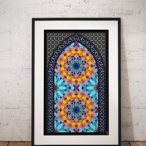 May include: A framed print of a colorful geometric design with a repeating pattern of stars and circles. The design is in shades of blue, yellow, orange, pink, and red. The frame is black and the background is white.