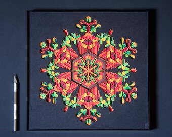 Hibiscus Flower Geometric Wall Art, Multi Layer Floral Paper Cut Art, Snowflake Design Paper Sculpture, Ice Crystal Geometry 3D Wall Decor