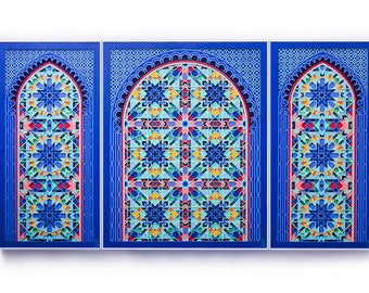 Moroccan Architecture Paper Cut Art / Intricate Islamic Arches Paper Sculpture / Arabic Geometric Wall Decor / Vivid Psychedelic Pattern Art