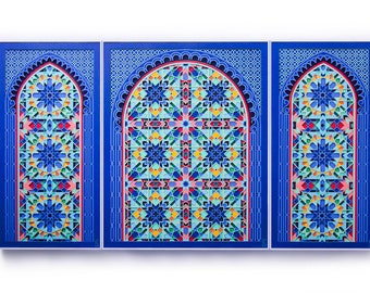 Intricate Paper Cut Modern Wall Decor / Layered Papercut 3 Piece Art Deco Style / Morocco Geometry Psychedelic 3D Paper Sculpture