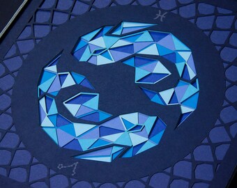 Pisces Star Sign Paper Cut Art / Pisces Zodiac Geometric Wall Art / Pisces Astrology Personalized Gift For Women / Layered Paper Sculpture
