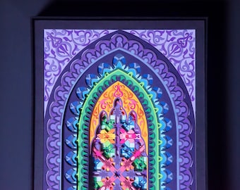 Moroccan Architecture Paper Cutting Art / Multi Colored Paper Anniversary Gift / Islamic Arches Paper Sculpture / Vivid Geometric Wall Decor