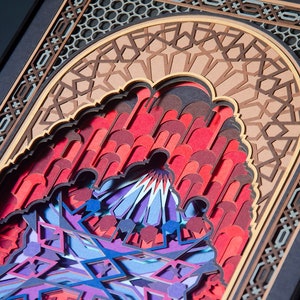 Scultura di carta delle Mille e una notte / Arte murale a strati di carta tagliata / Geometria islamica moderna / Stile artistico architettonico degli archi dell'Alhambra di Granada