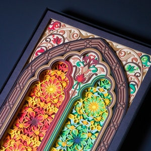Scultura in carta multistrato / Illustrazione tagliata su carta con design ad arco gemello / Arte tagliata su carta con geometria caleidoscopica / Regalo per l'anniversario della carta