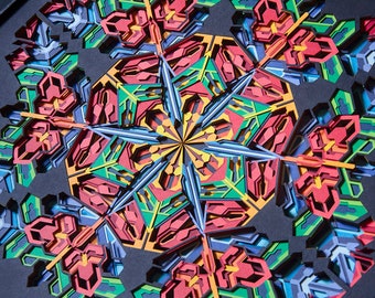 Scarlet Macaw Multi Layered Paper Sculpture / Snow Crystal Geometry Paper Cut / Modern Geometric Wall Decor / Colorful Psychedelic Artwork