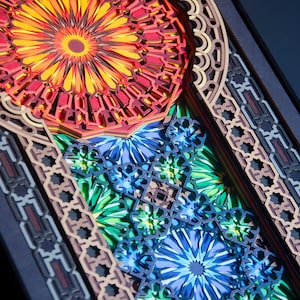 May include: A colourful, intricate paper cut design with a rainbow of colours, including red, orange, yellow, green, blue, and purple. The design features a series of overlapping circles and geometric shapes, creating a sense of depth and dimension.