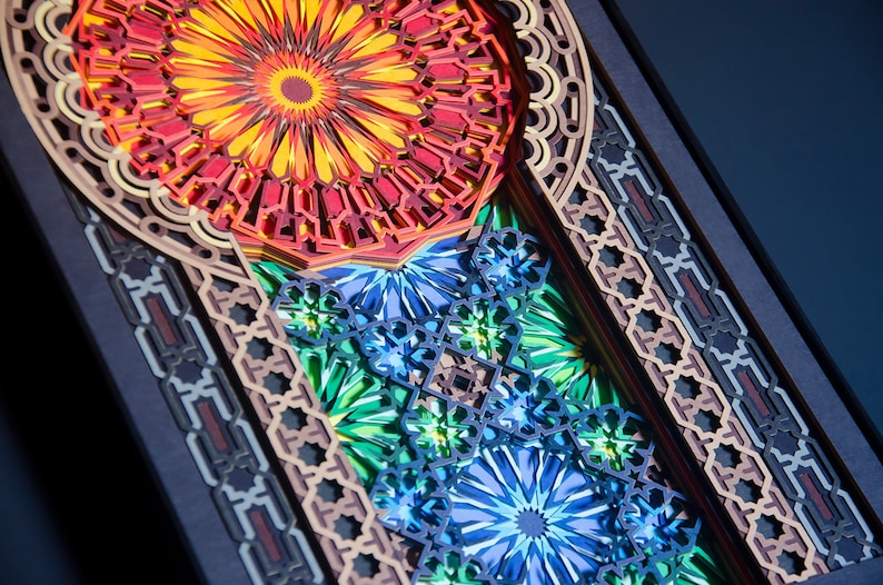 May include: A colourful, intricate paper cut design with a rainbow of colours, including red, orange, yellow, green, blue, and purple. The design features a series of overlapping circles and geometric shapes, creating a sense of depth and dimension.