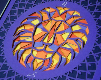 Leo Zodiac Paper Cut Art / Leo Star Sign Personalized Birthday Gift / Leo Constellation Home Decor / Geometric Layered Lion Wall Artwork