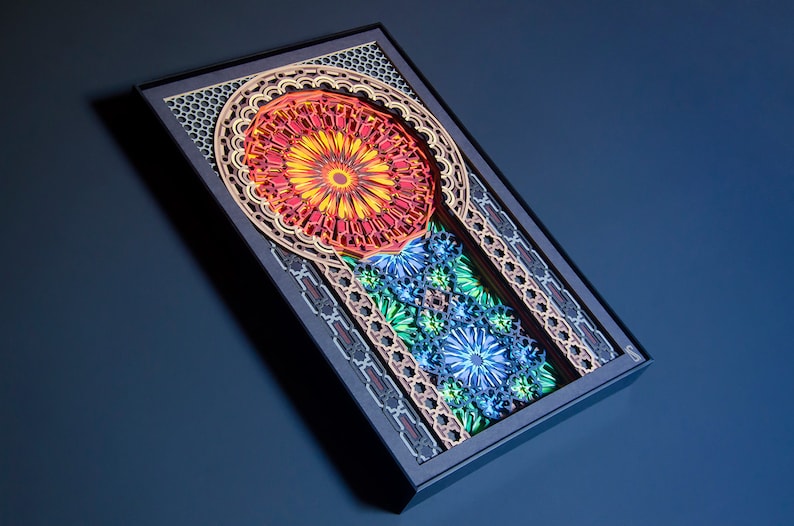 May include: A colourful paper art piece with a geometric design. The artwork features a large, red and yellow flower in the centre, surrounded by smaller blue flowers and intricate patterns. The piece is framed in black.