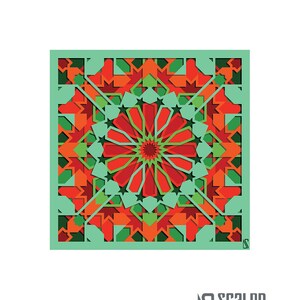 May include: A geometric pattern with red, green, and orange colors. The pattern is symmetrical and has a starburst design in the center.