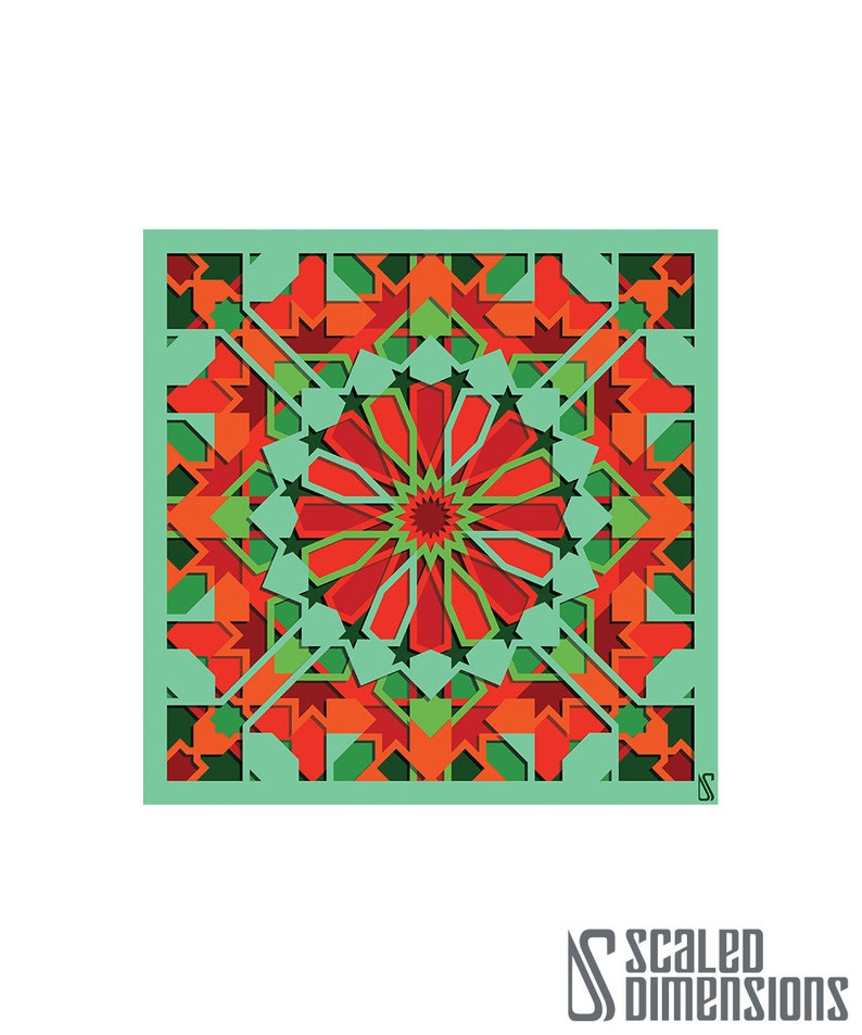 May include: A geometric pattern with red, green, and orange colors. The pattern is symmetrical and has a starburst design in the center.