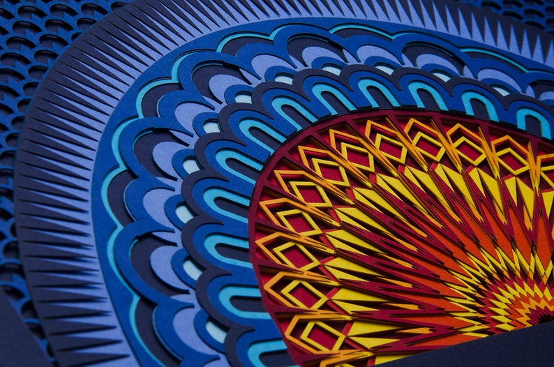Op de afbeelding: Een meerlaags papieren kunstwerk met een cirkelvormig mandala-ontwerp. De compositie toont concentrische ringen van ingewikkelde uitsparingen in tinten donkerblauw, lichtblauw, geel, oranje en rood, wat zorgt voor diepte en dimensie.