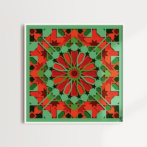 May include: A framed print of a geometric pattern in shades of green and red. The pattern is symmetrical and features a central circle with radiating lines.
