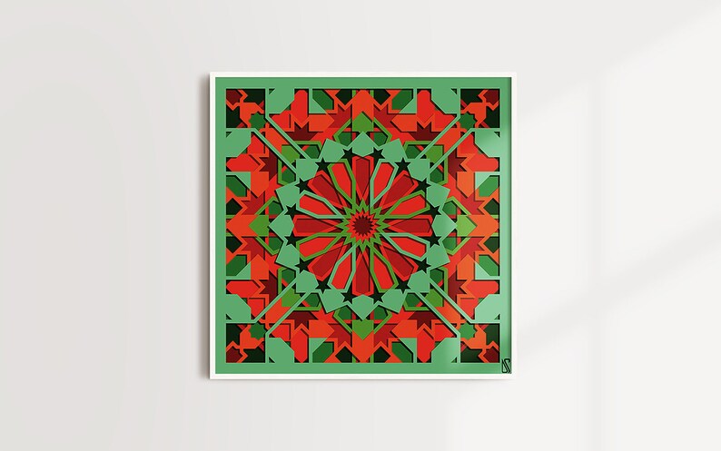 May include: A framed print of a geometric pattern in shades of green and red. The pattern is symmetrical and features a central circle with radiating lines.