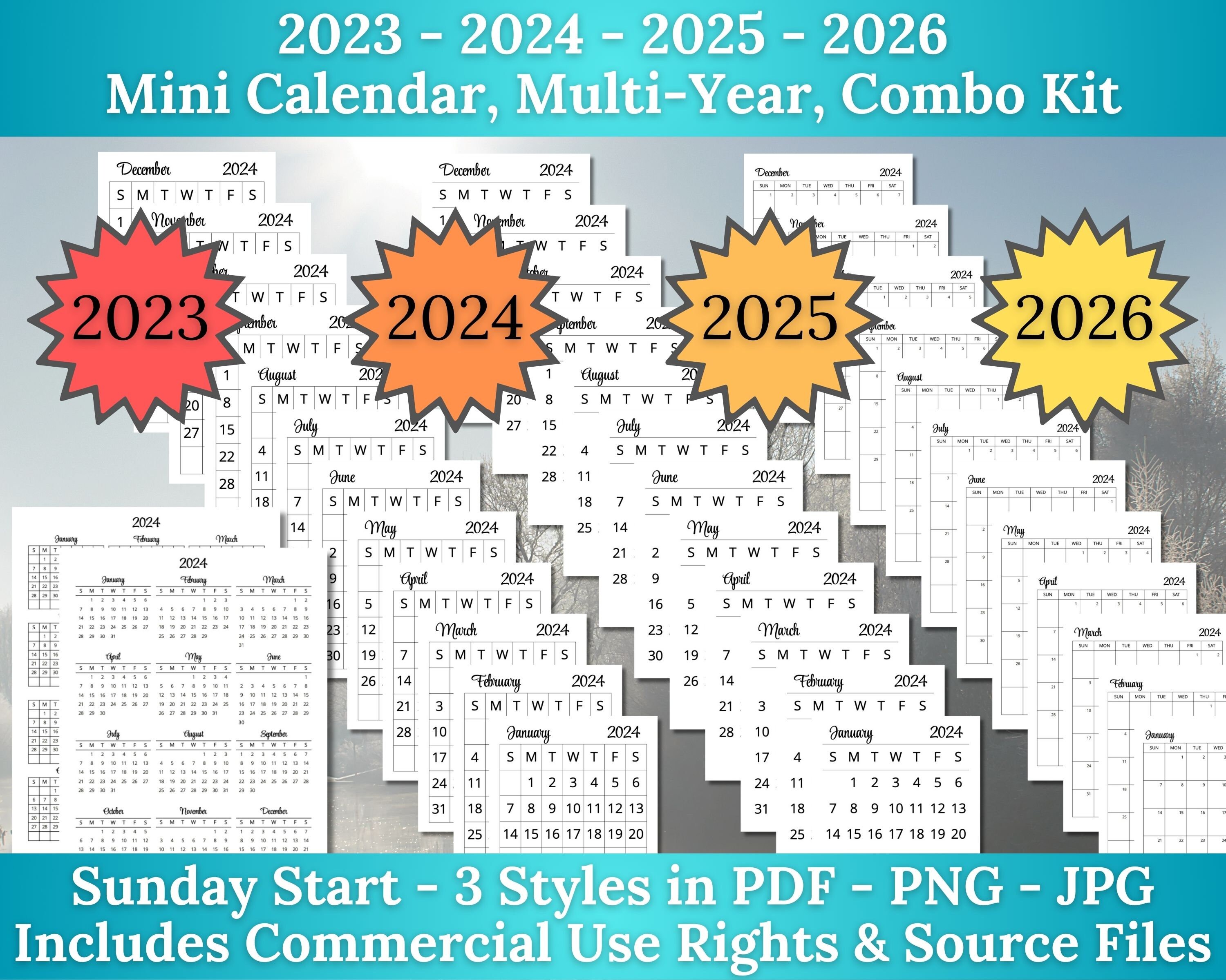 20242026 Mini Calendar 3 Year Combo Kit for Planners, Sunday Start Day