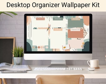 Boho Desktop Organizer Wallpaper, 3 Desktop Wallpaper Designs, Each in 2 sizes each with and without text. PNG Files - 44 matching stickers
