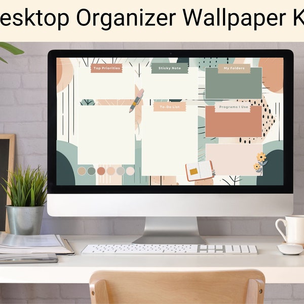 Boho Desktop Organizer Wallpaper, 3 Desktop Wallpaper Designs, Each in 2 sizes each with and without text. PNG Files - 44 matching stickers