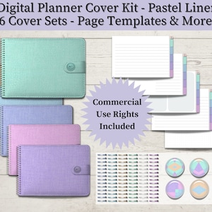 Digital Planner Cover Kit - Pastel Linen - 6 SETS - Landscape - Digital Covers, Coils, Buttons, Clasps, PNGs - Commercial Use